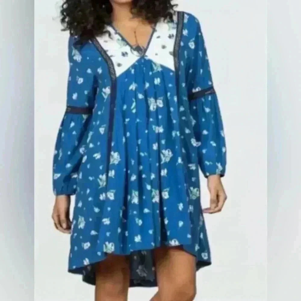 Matilda Jane Teal-Blue Floral Mini Dress with White Yoke